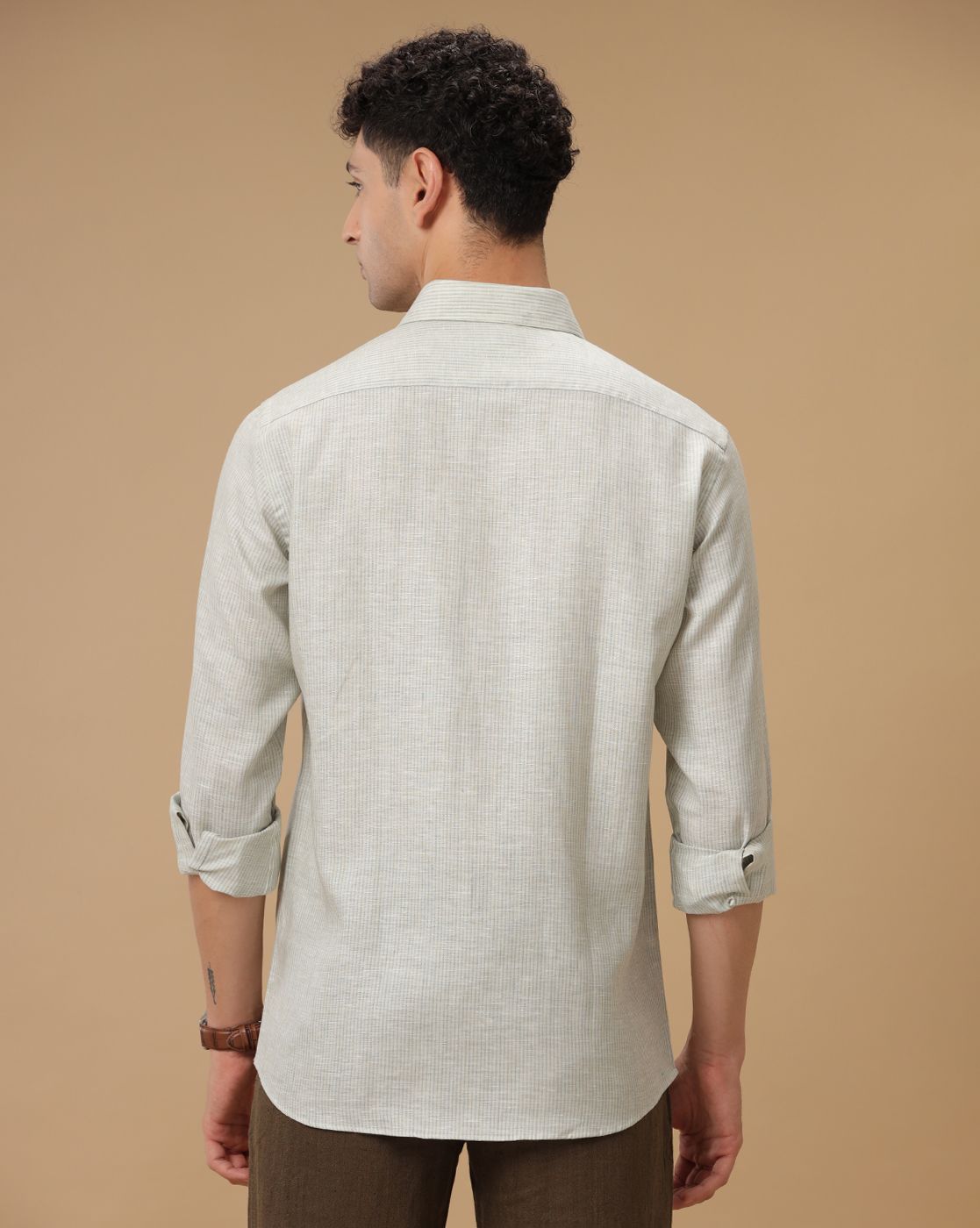 Men's Pure Linen Green Striped Contemporary Fit Full Sleeve Casual Shirt