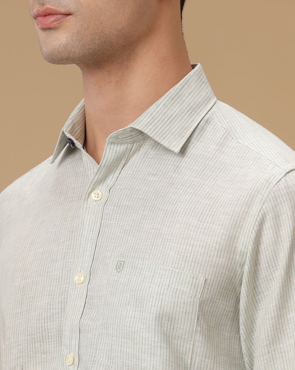 Men's Pure Linen Green Striped Contemporary Fit Full Sleeve Casual Shirt