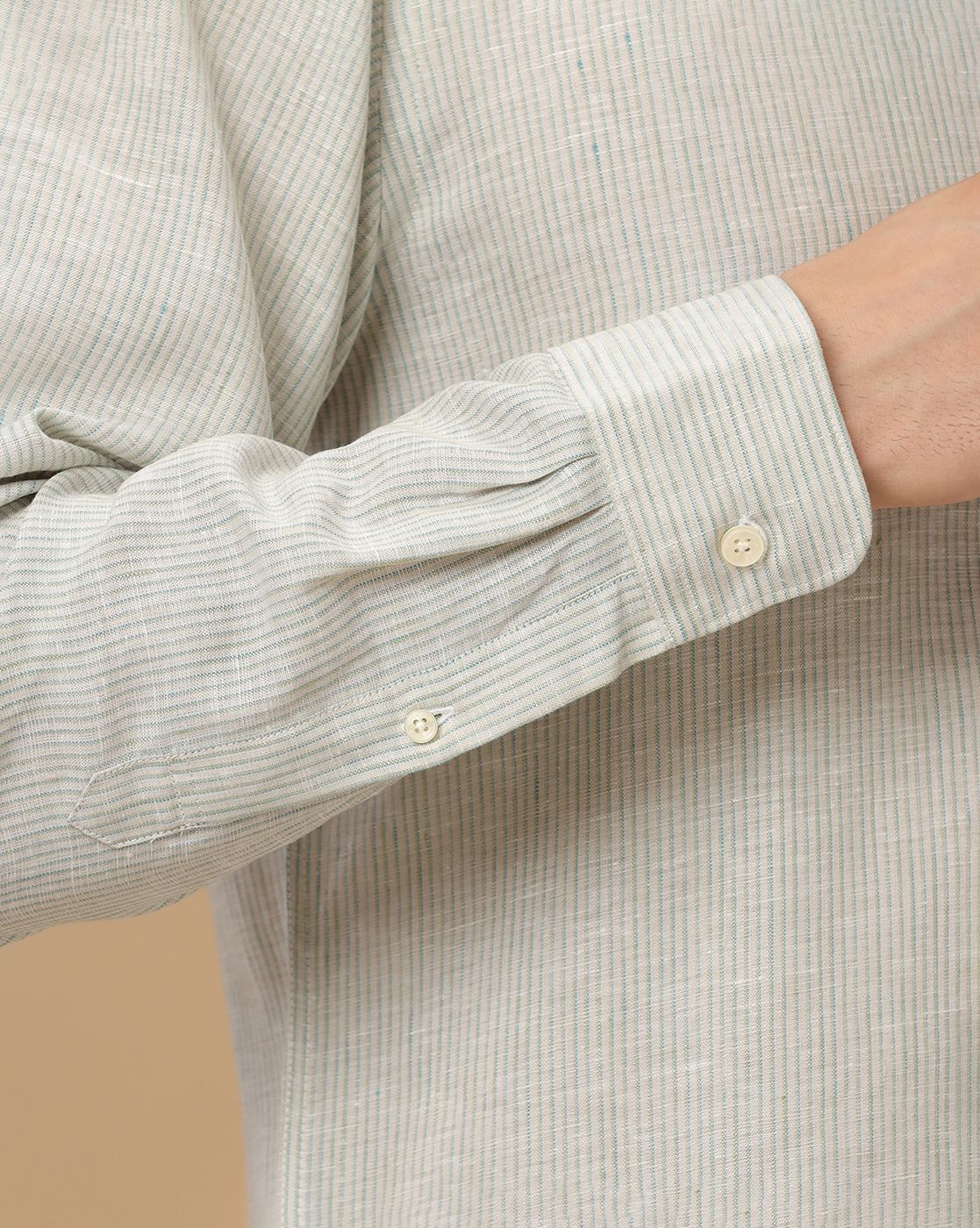 Men's Pure Linen Green Striped Contemporary Fit Full Sleeve Casual Shirt