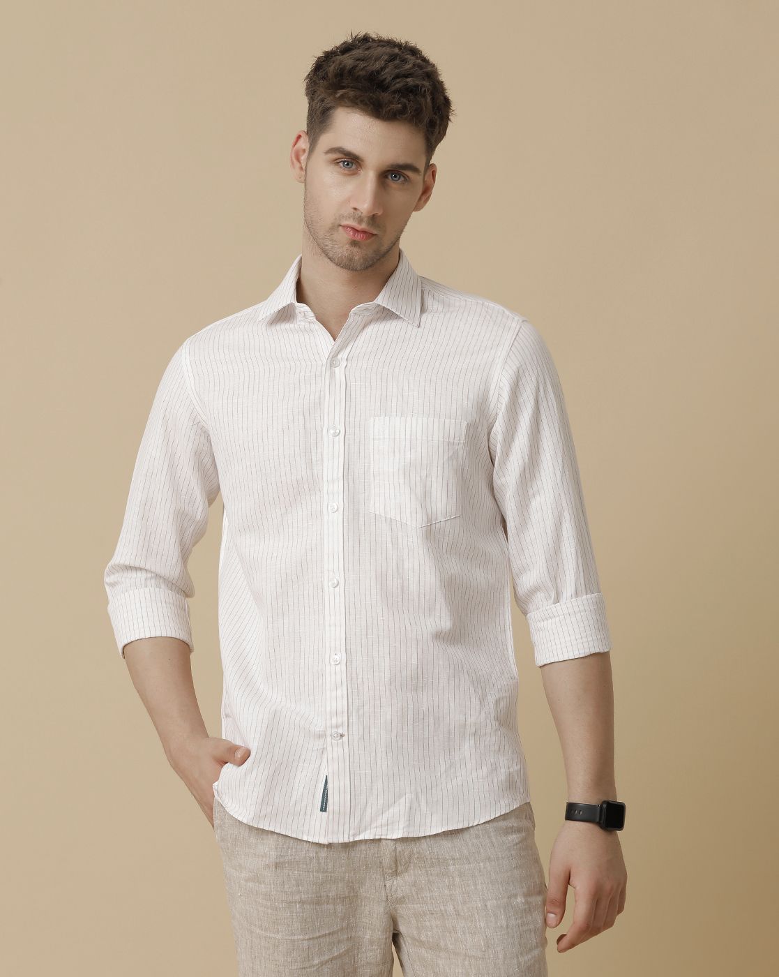 Men's Pure Linen Brown Striped Contemporary Fit Full Sleeve Sleeve Casual Shirt