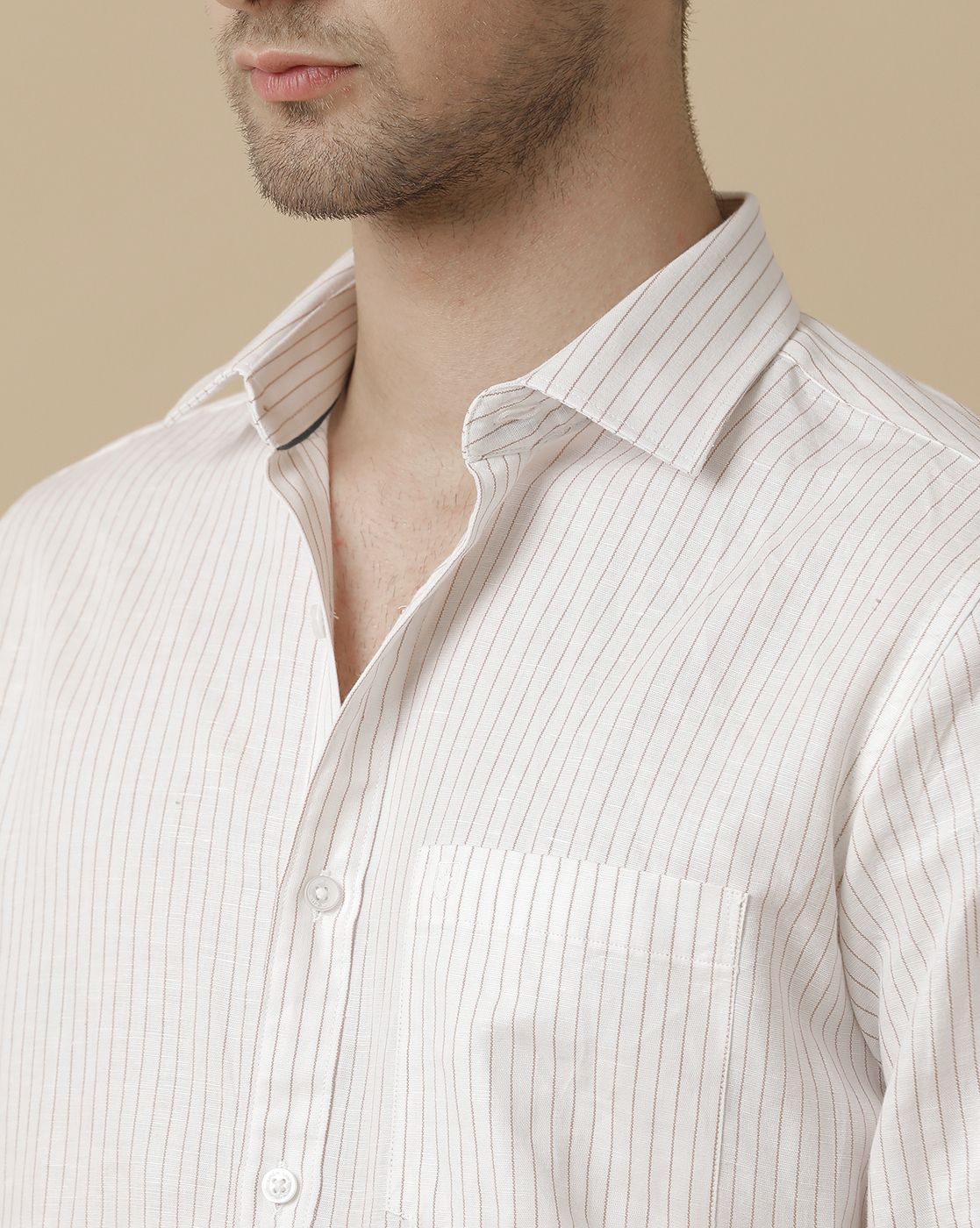 Men's Pure Linen Brown Striped Contemporary Fit Full Sleeve Sleeve Casual Shirt