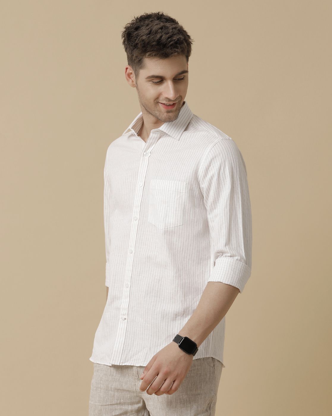 Men's Pure Linen Brown Striped Contemporary Fit Full Sleeve Sleeve Casual Shirt