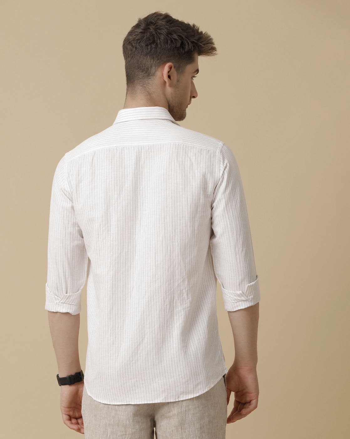 Men's Pure Linen Brown Striped Contemporary Fit Full Sleeve Sleeve Casual Shirt