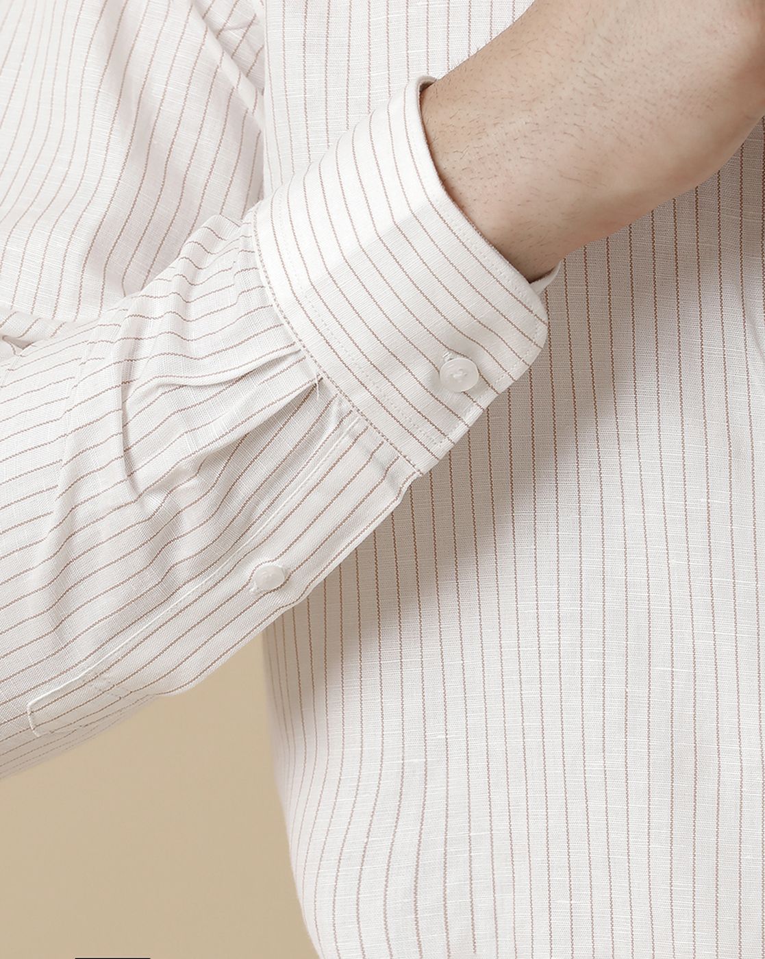 Men's Pure Linen Brown Striped Contemporary Fit Full Sleeve Sleeve Casual Shirt