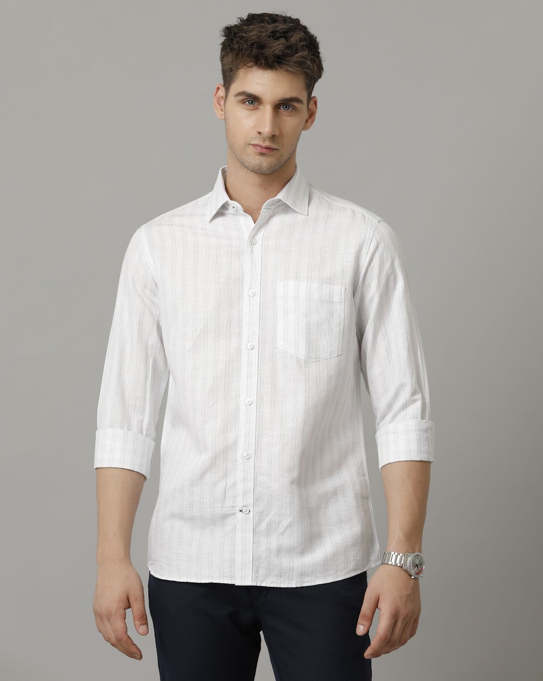 Men's Pure Linen Blue Striped Contemporary Fit Full Sleeve Sleeve Casual Shirt