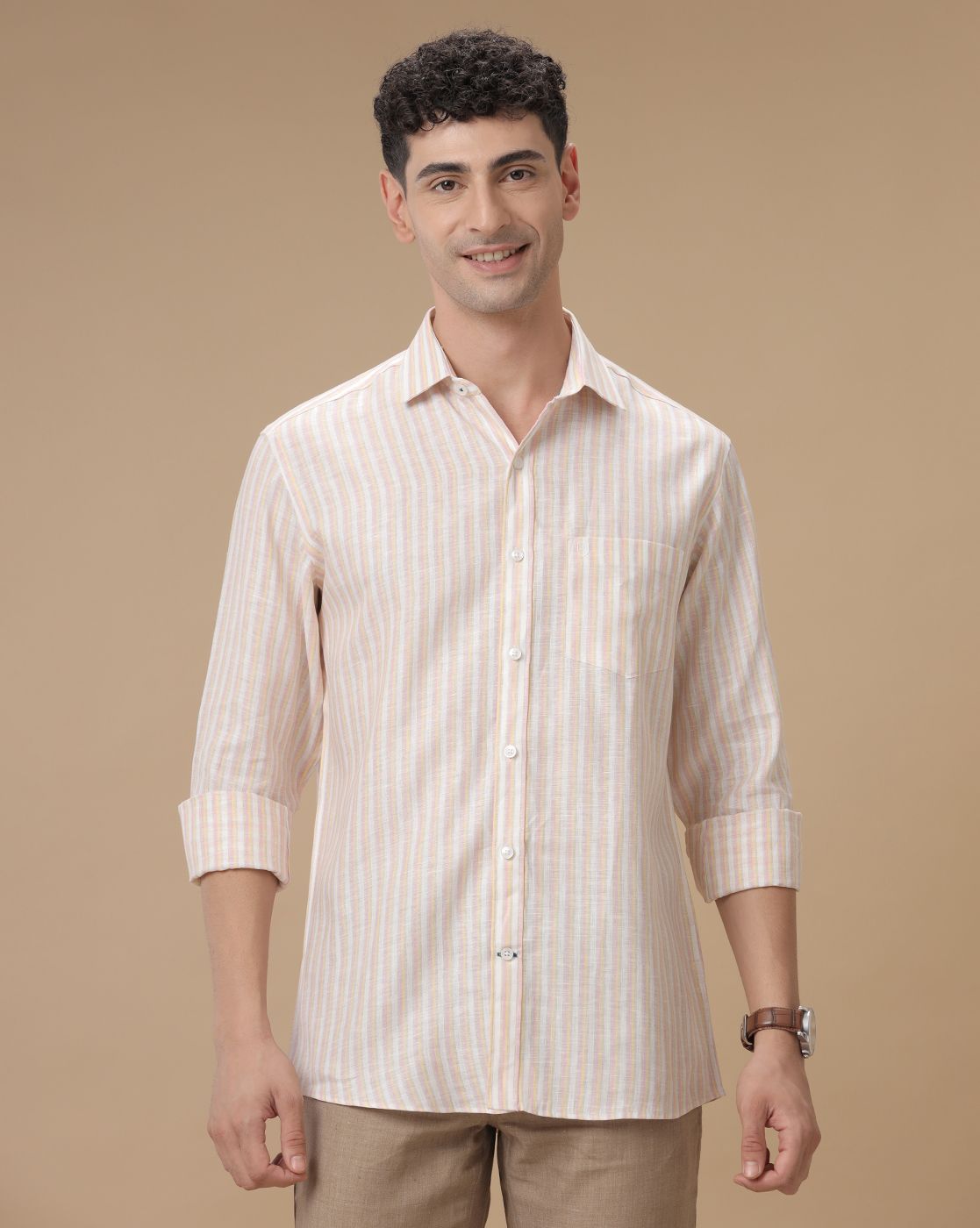 Men's Pure Linen Pink Striped Contemporary Fit Full Sleeve Casual Shirt