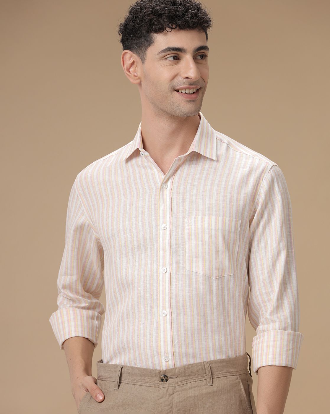 Men's Pure Linen Pink Striped Contemporary Fit Full Sleeve Casual Shirt