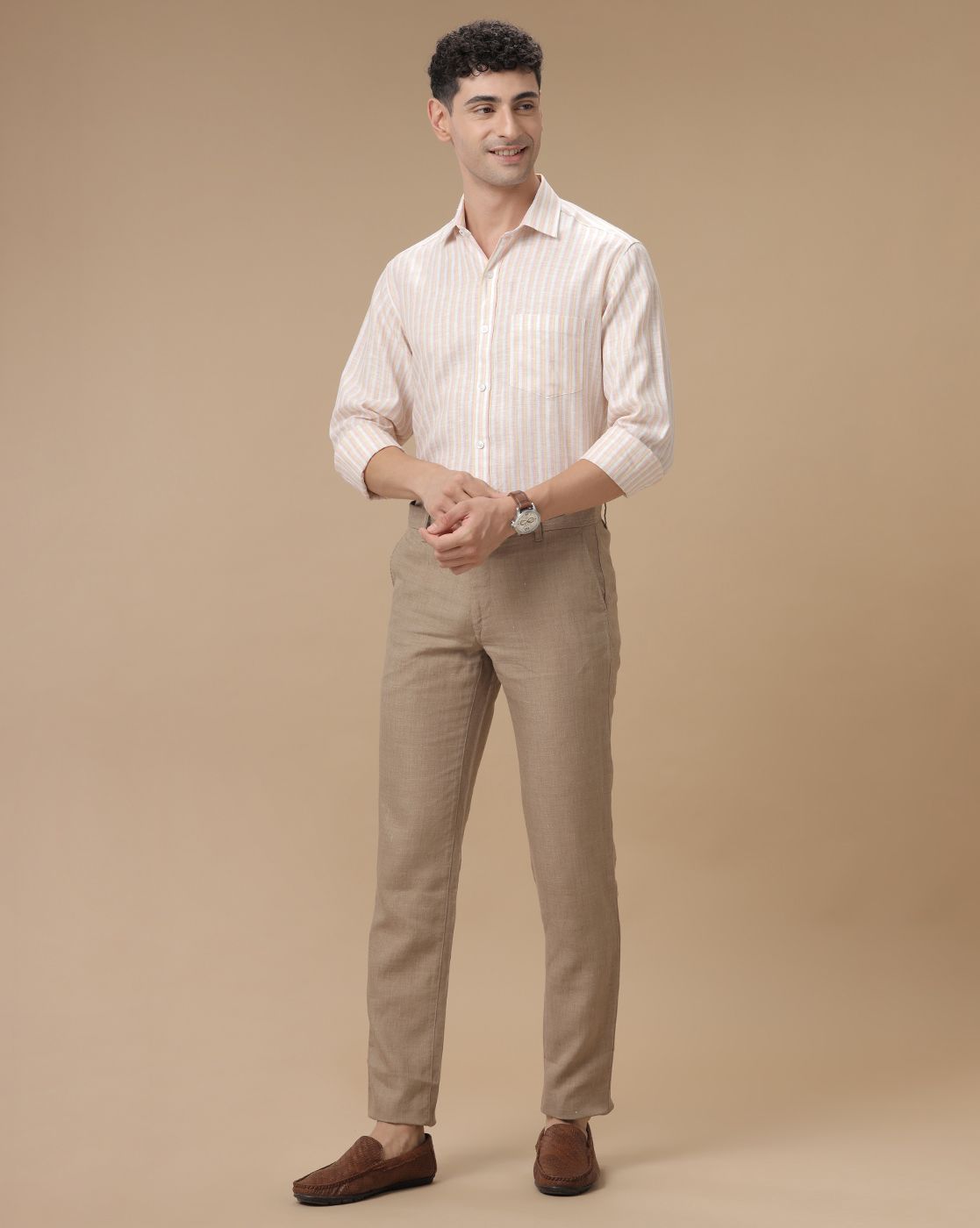 Men's Pure Linen Pink Striped Contemporary Fit Full Sleeve Casual Shirt