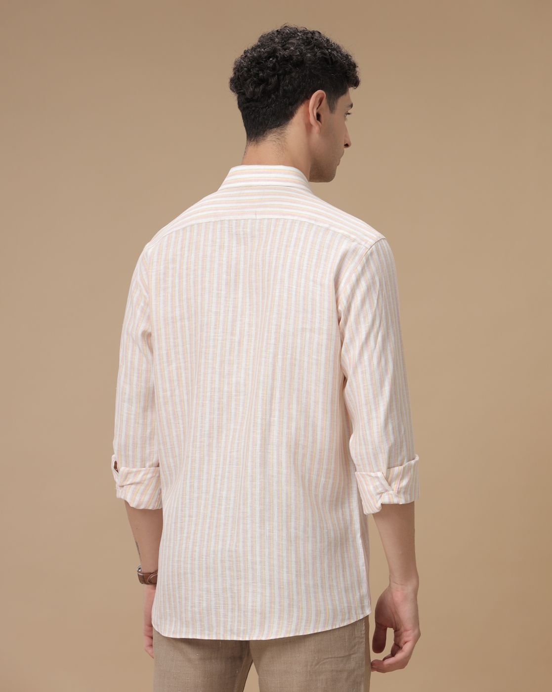 Men's Pure Linen Pink Striped Contemporary Fit Full Sleeve Casual Shirt