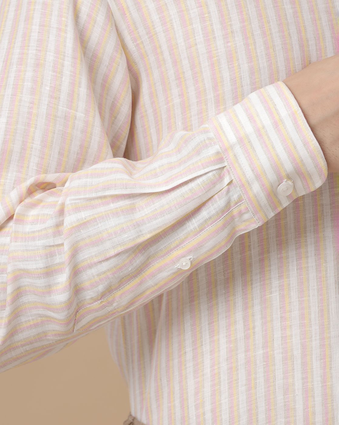 Men's Pure Linen Pink Striped Contemporary Fit Full Sleeve Casual Shirt
