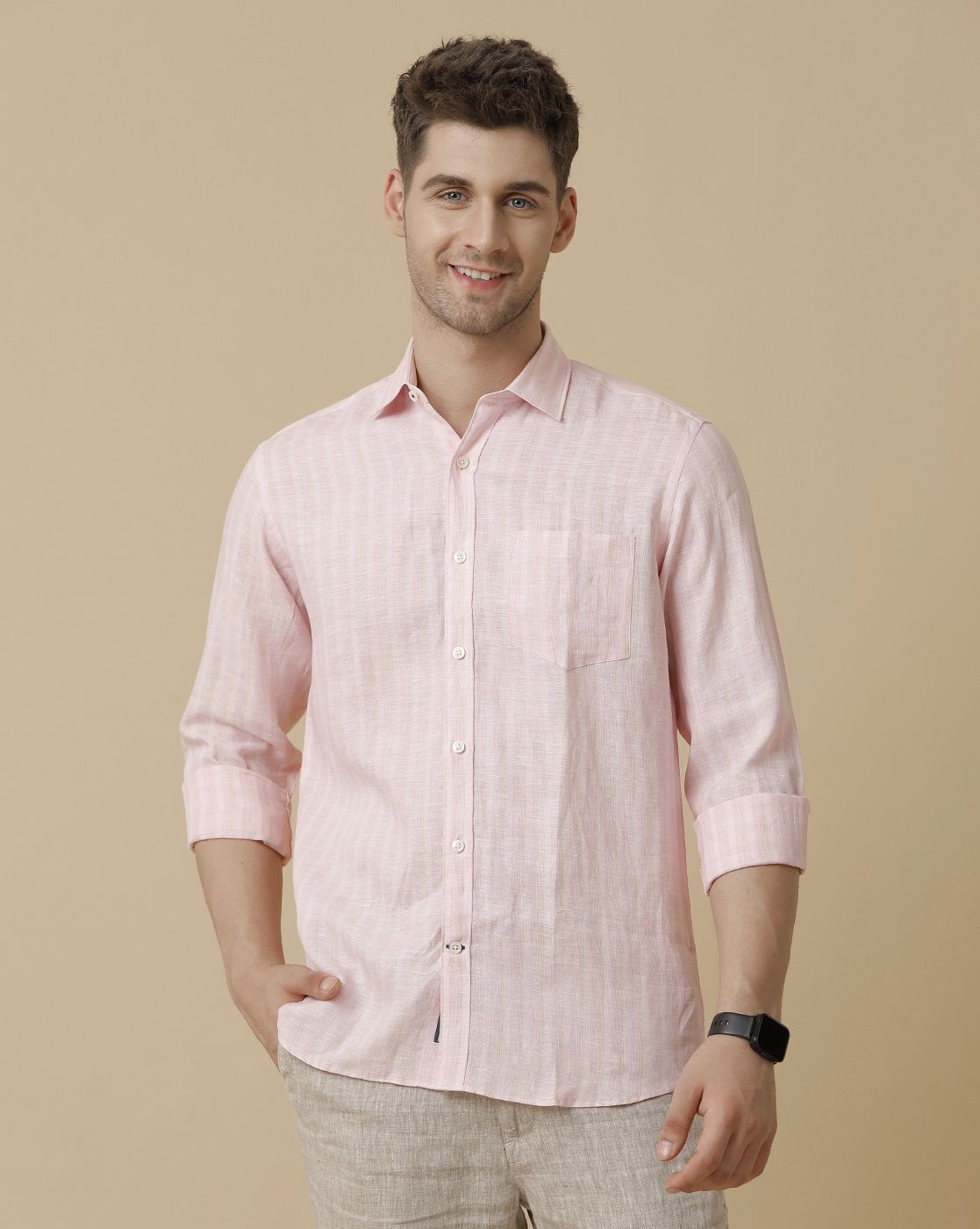 Linen Club Men's Pure Linen Pink Striped Contemporary fit Full sleeve Casual Shirt