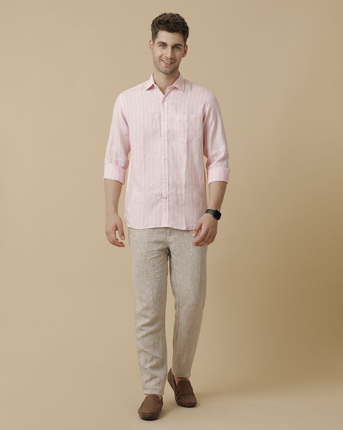 Linen Club Men's Pure Linen Pink Striped Contemporary fit Full sleeve Casual Shirt