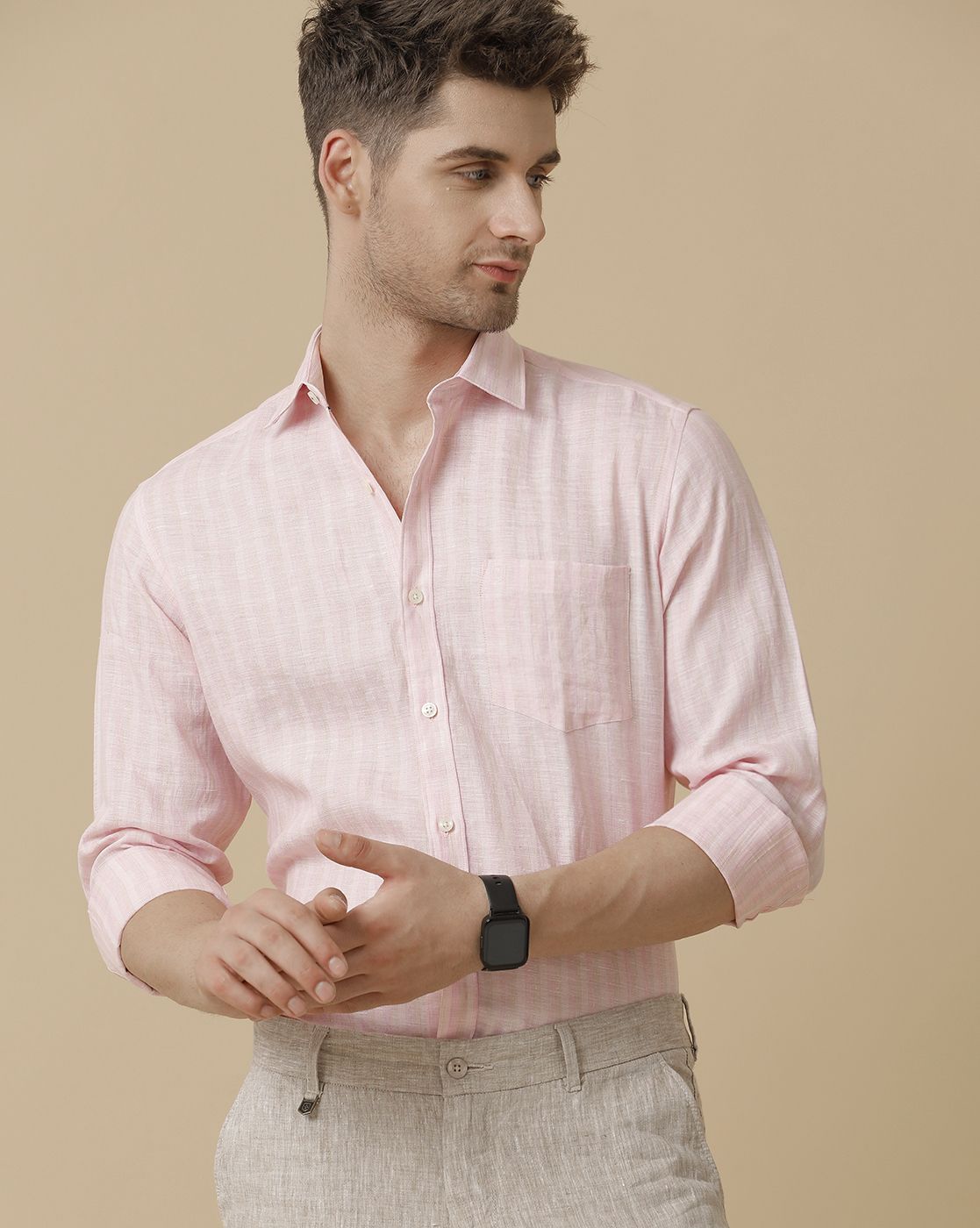 Linen Club Men's Pure Linen Pink Striped Contemporary fit Full sleeve Casual Shirt