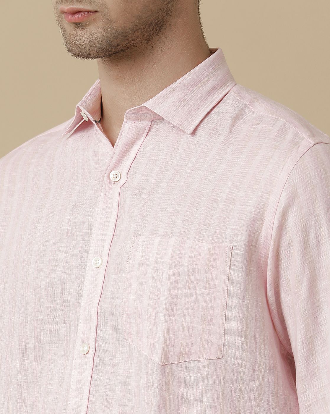 Linen Club Men's Pure Linen Pink Striped Contemporary fit Full sleeve Casual Shirt