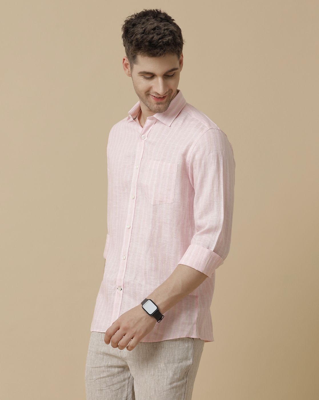 Linen Club Men's Pure Linen Pink Striped Contemporary fit Full sleeve Casual Shirt