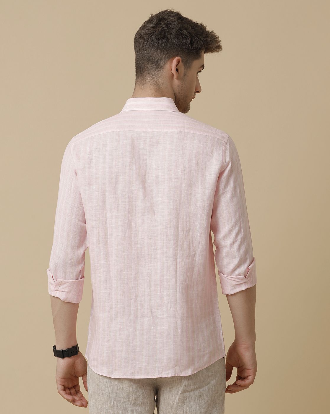 Linen Club Men's Pure Linen Pink Striped Contemporary fit Full sleeve Casual Shirt