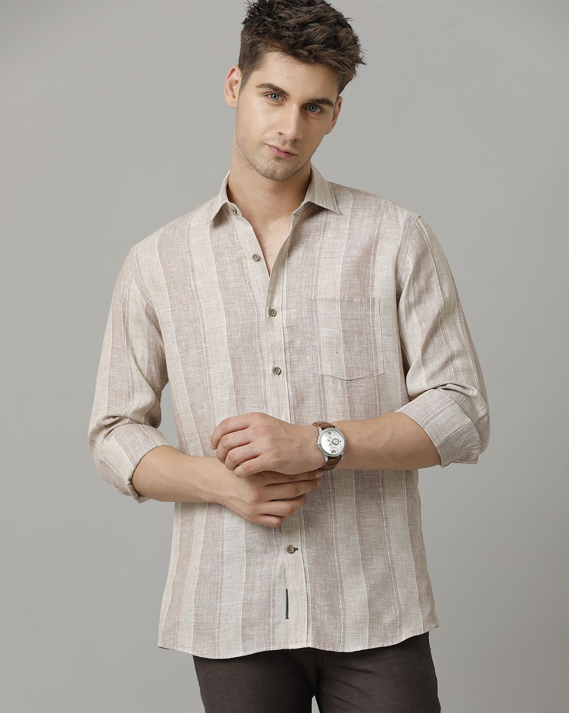 Men's Pure Linen Brown Striped Contemporary Fit Full Sleeve