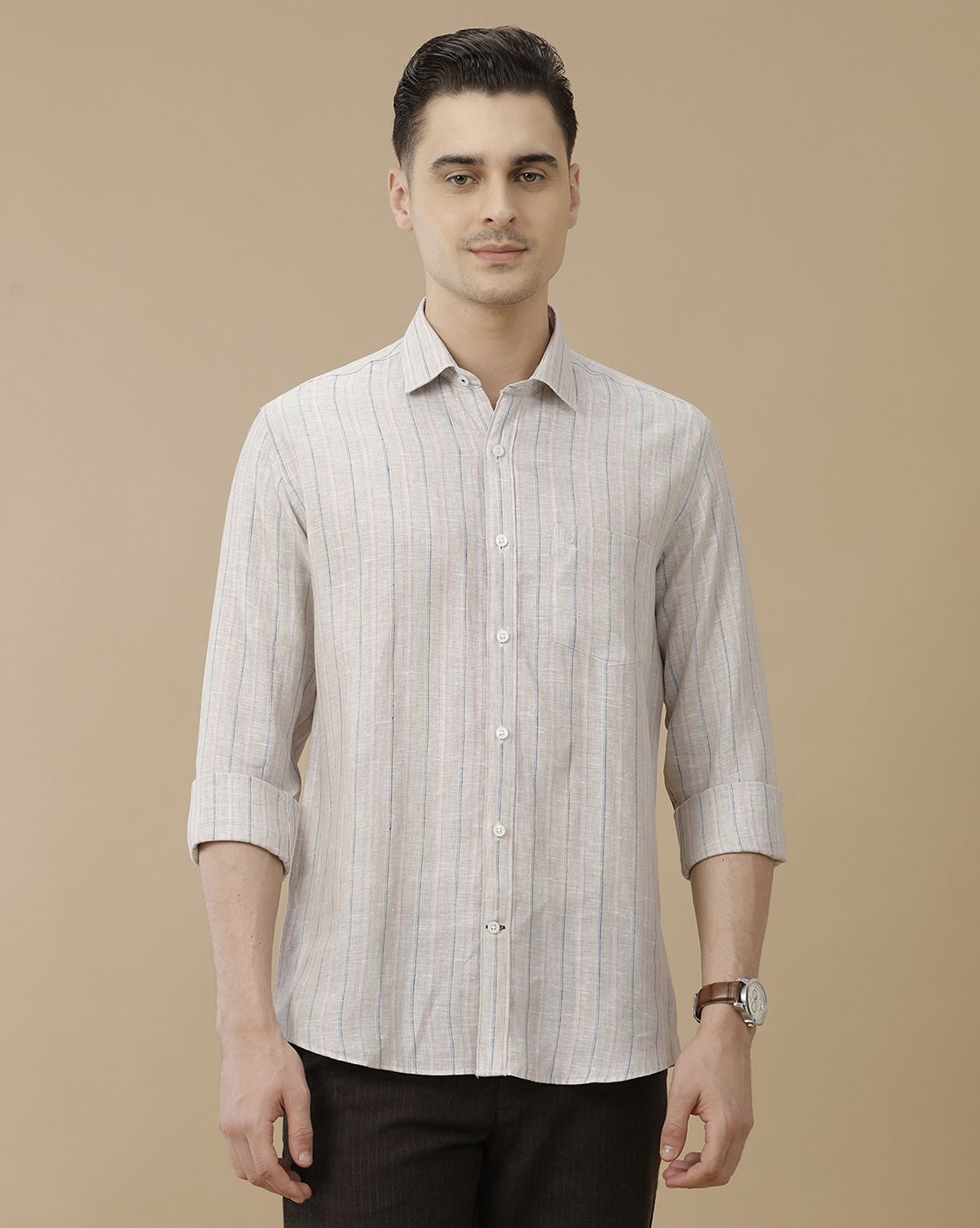 Men's Pure Linen Blue Striped Contemporary Fit Full Sleeve Casual Shirt