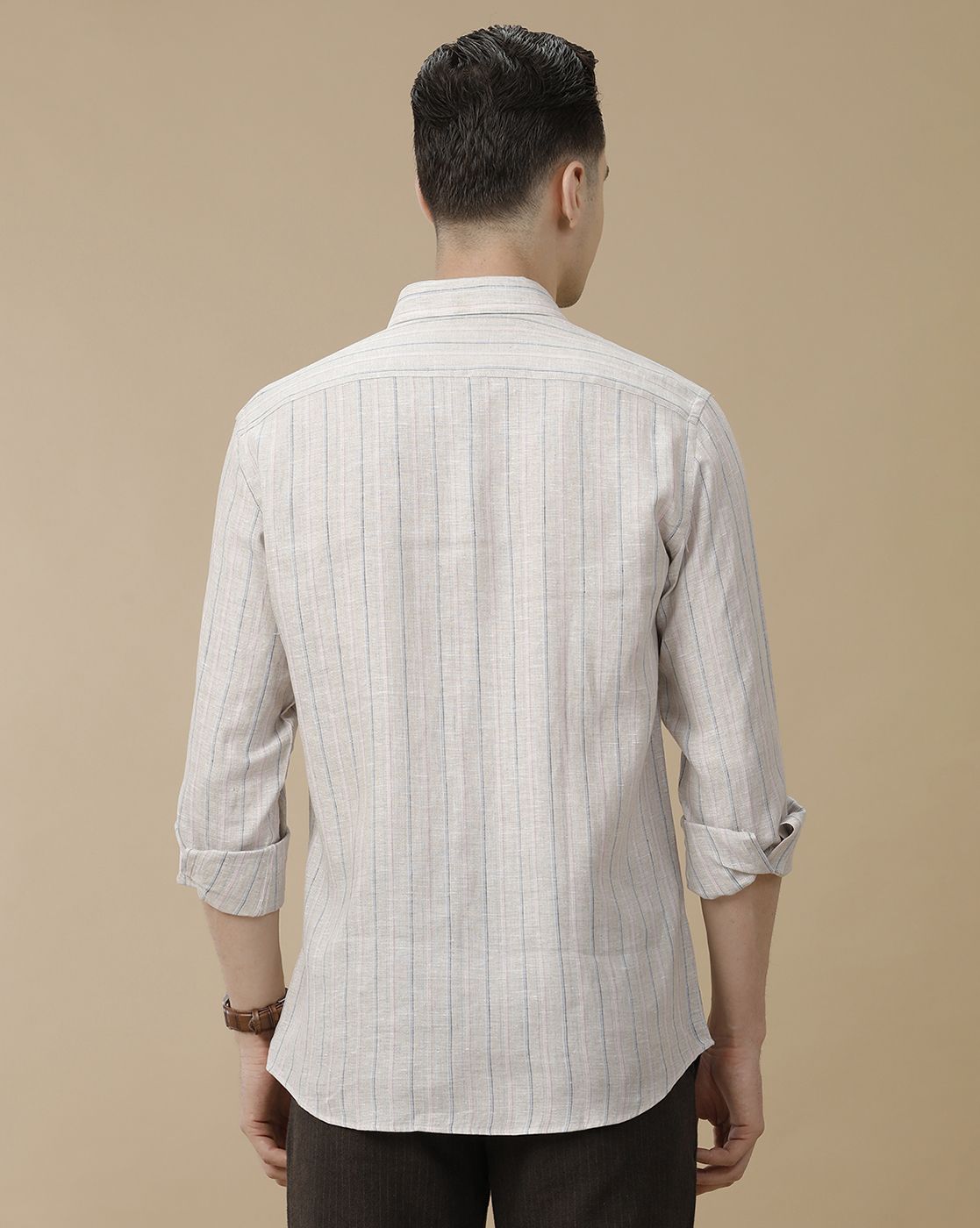 Men's Pure Linen Blue Striped Contemporary Fit Full Sleeve Casual Shirt