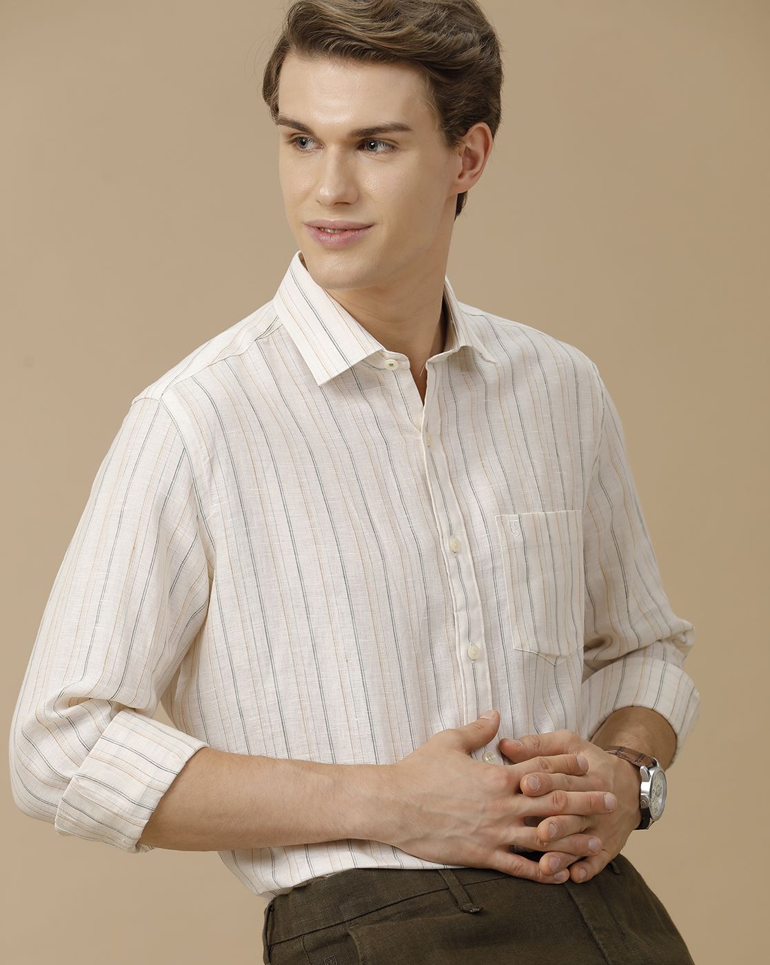 Men's Pure Linen Off White Striped Contemporary Fit Full Sleeve Casual Shirt