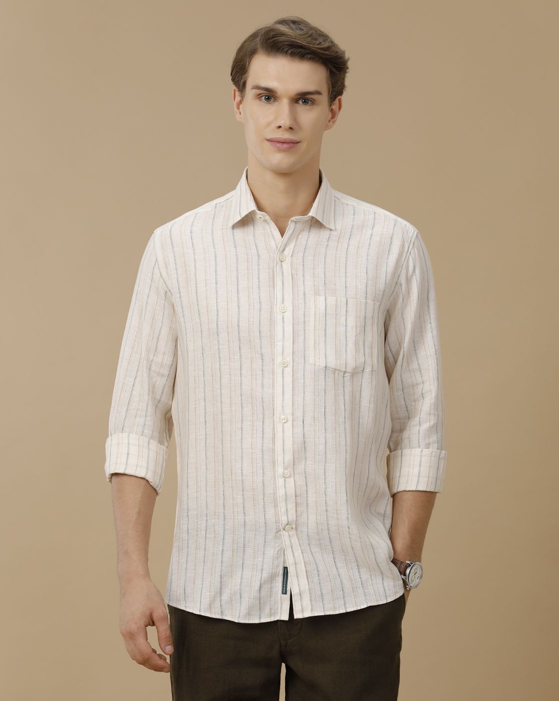 Men's Pure Linen Off White Striped Contemporary Fit Full Sleeve Casual Shirt