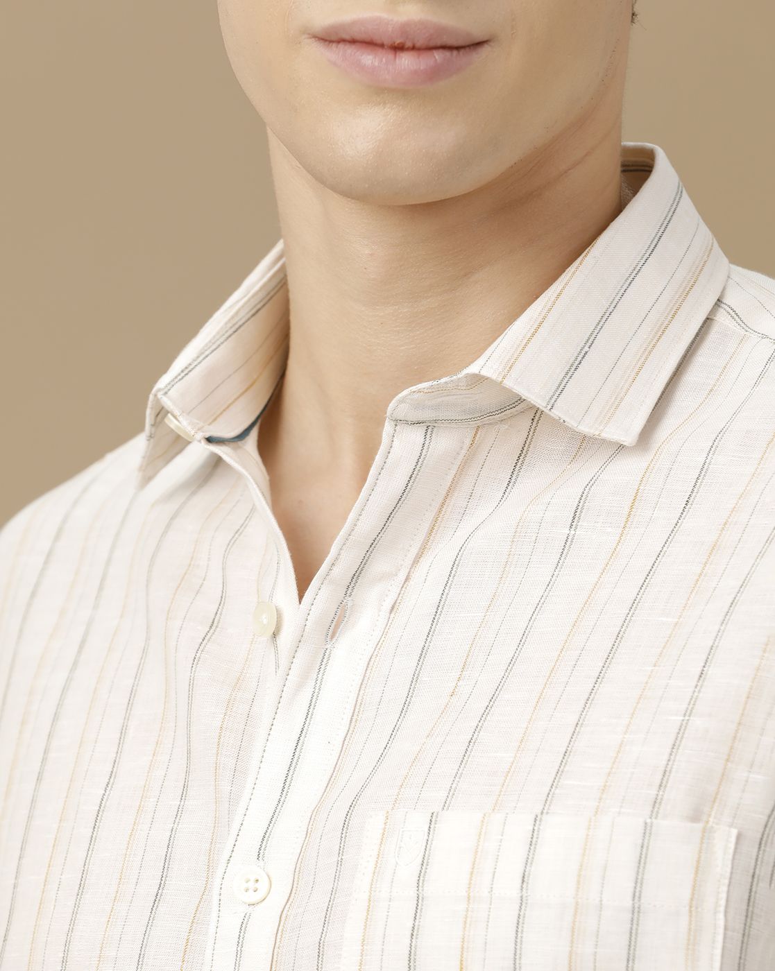 Men's Pure Linen Off White Striped Contemporary Fit Full Sleeve Casual Shirt