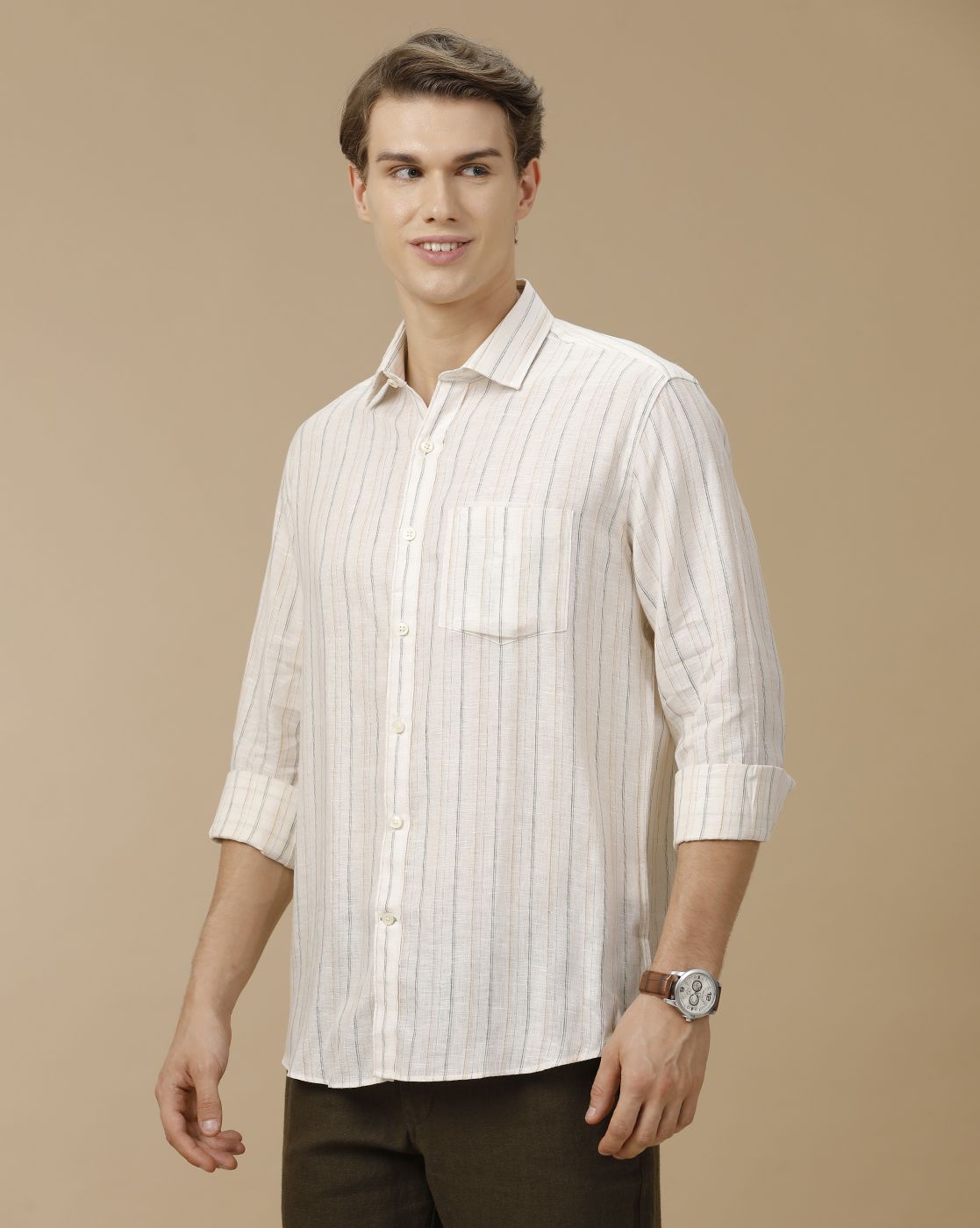 Men's Pure Linen Off White Striped Contemporary Fit Full Sleeve Casual Shirt