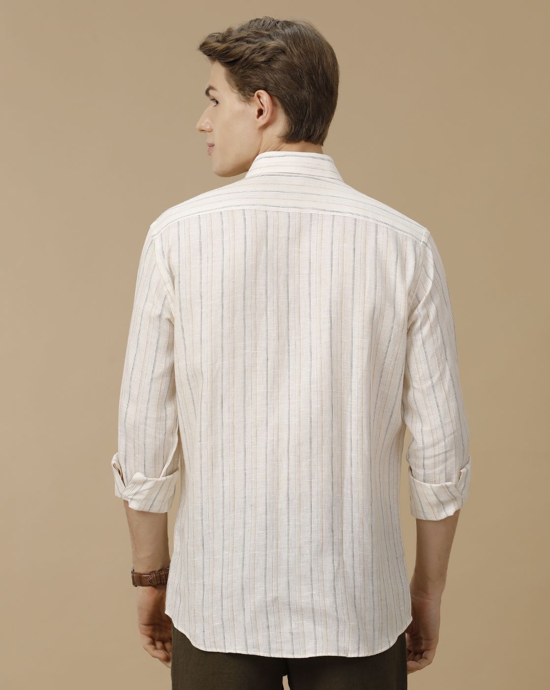 Men's Pure Linen Off White Striped Contemporary Fit Full Sleeve Casual Shirt