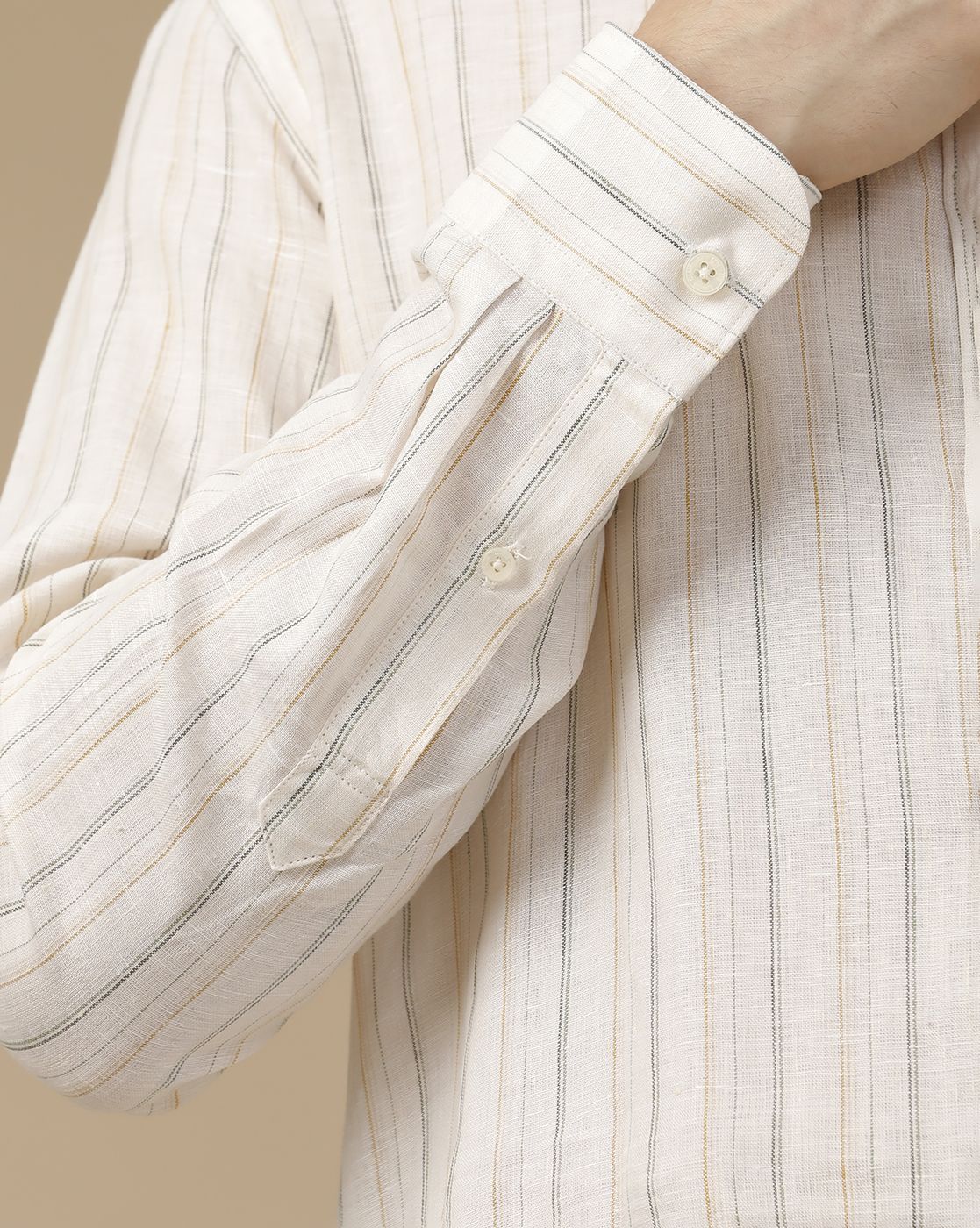 Men's Pure Linen Off White Striped Contemporary Fit Full Sleeve Casual Shirt