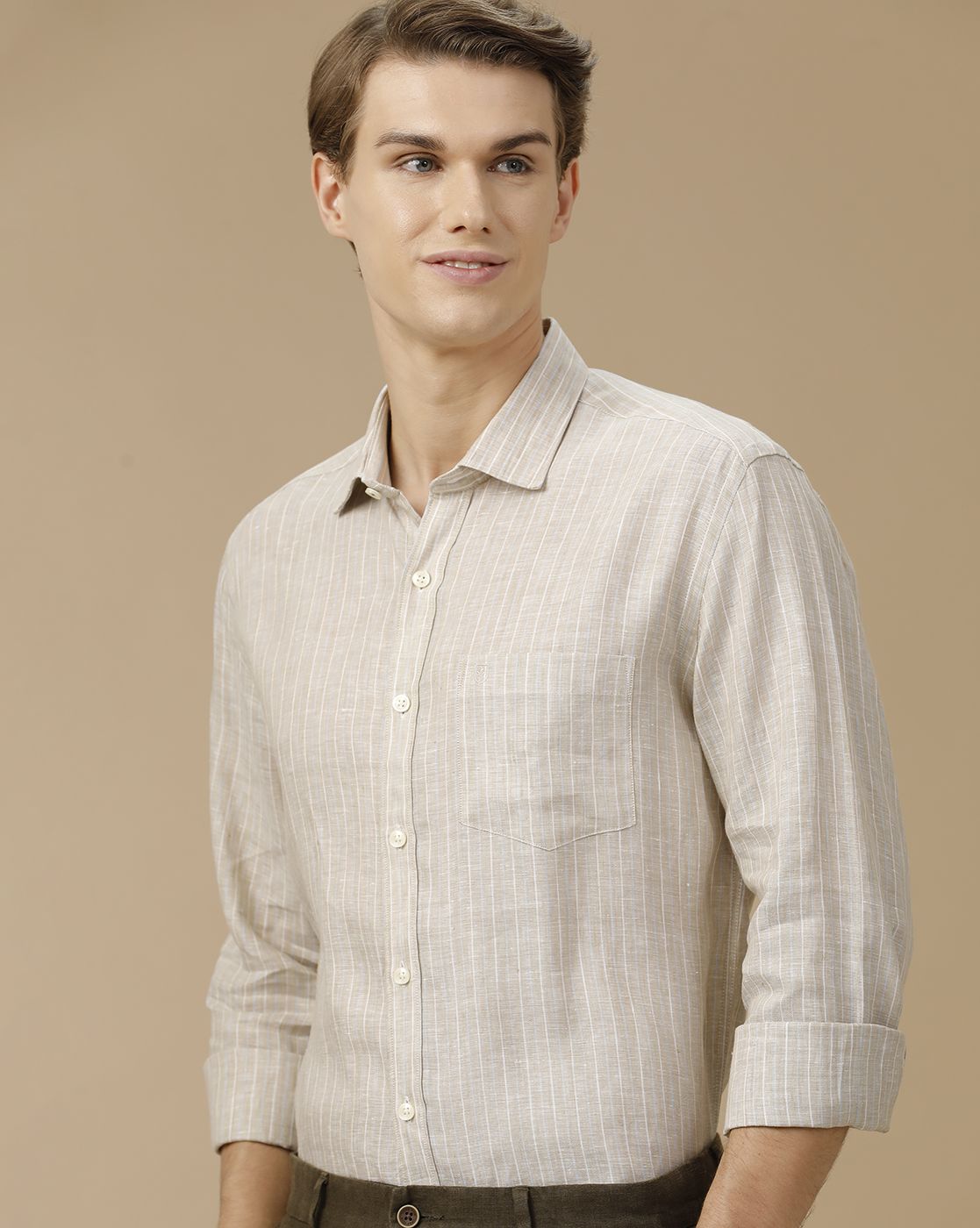 Men's Pure Linen Beige Striped Contemporary Fit Full Sleeve Casual Shirt