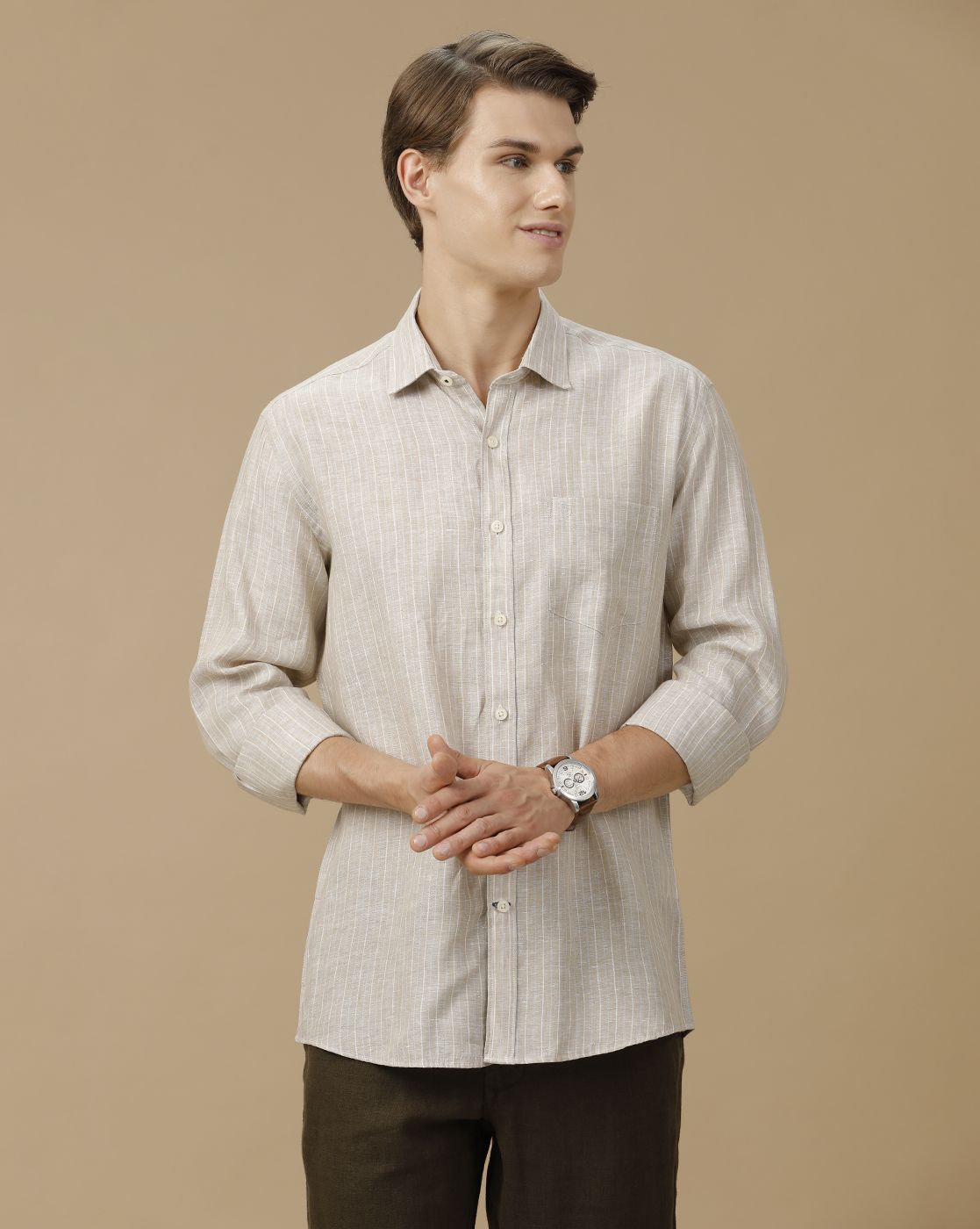 Men's Pure Linen Beige Striped Contemporary Fit Full Sleeve Casual Shirt