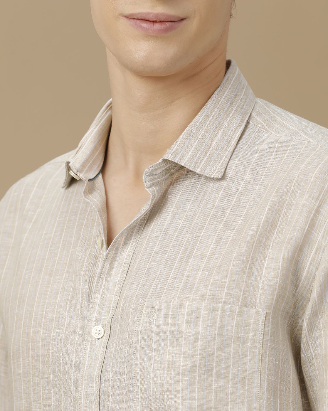 Men's Pure Linen Beige Striped Contemporary Fit Full Sleeve Casual Shirt