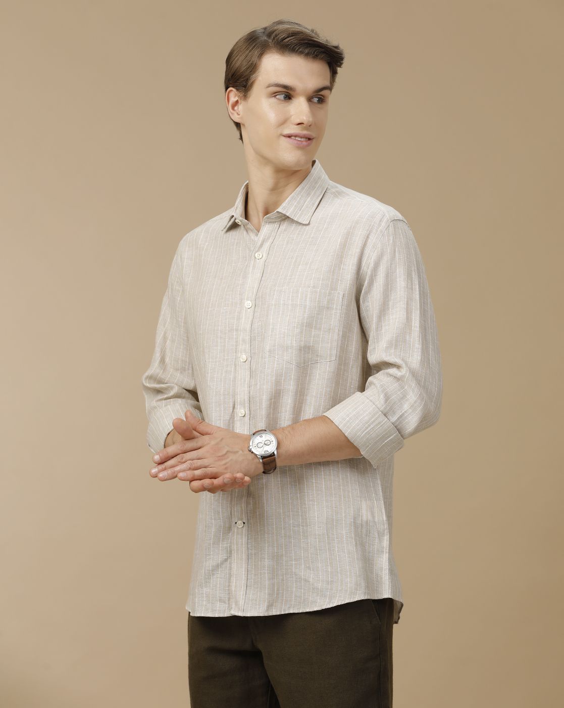 Men's Pure Linen Beige Striped Contemporary Fit Full Sleeve Casual Shirt