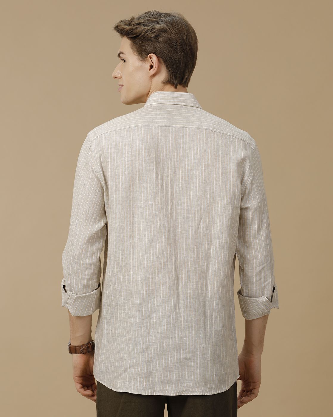 Men's Pure Linen Beige Striped Contemporary Fit Full Sleeve Casual Shirt