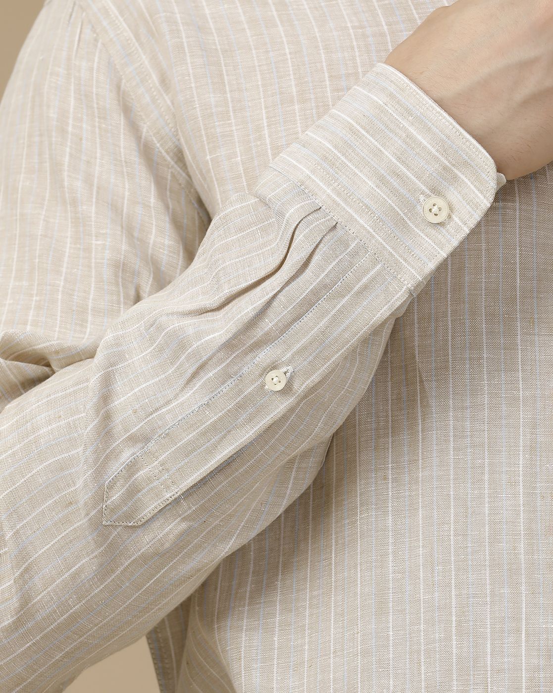 Men's Pure Linen Beige Striped Contemporary Fit Full Sleeve Casual Shirt