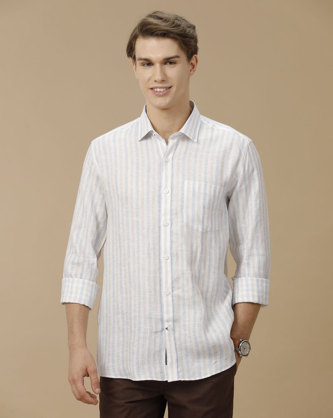 Men's Pure Linen Blue Striped Contemporary Fit Full Sleeve Casual Shirt