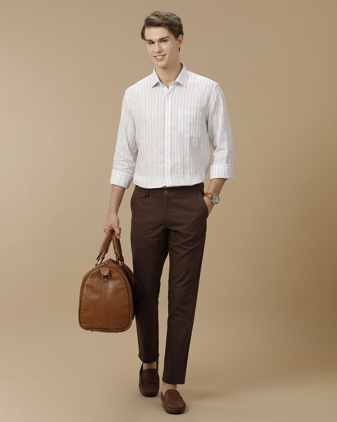 Men's Pure Linen Blue Striped Contemporary Fit Full Sleeve Casual Shirt