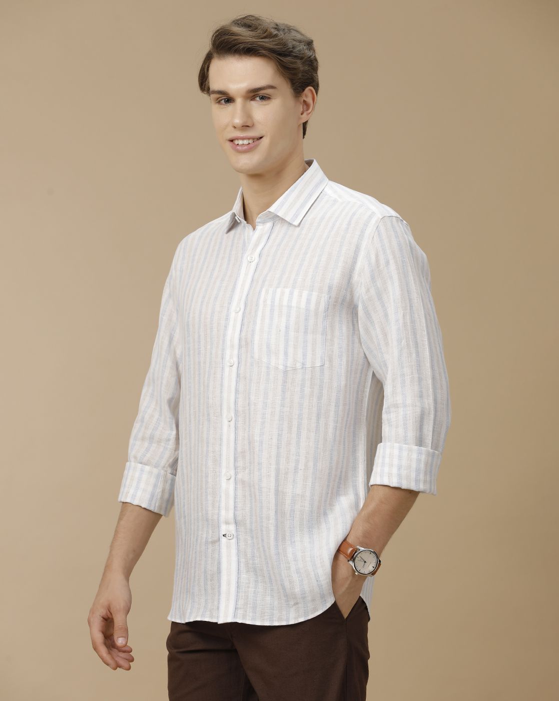 Men's Pure Linen Blue Striped Contemporary Fit Full Sleeve Casual Shirt
