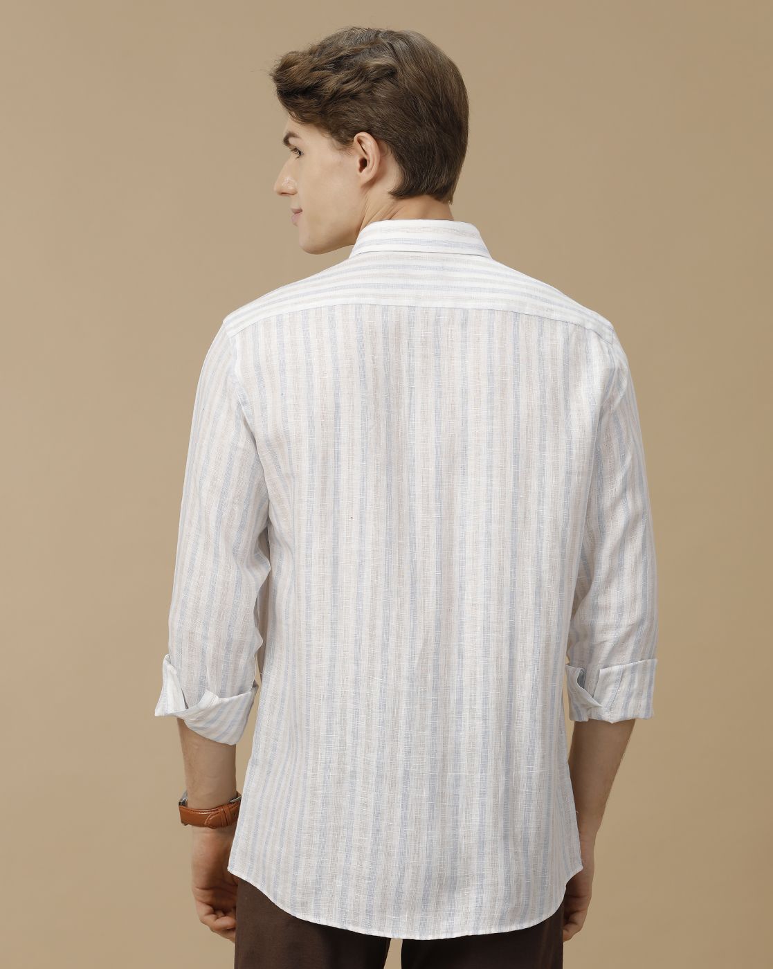 Men's Pure Linen Blue Striped Contemporary Fit Full Sleeve Casual Shirt
