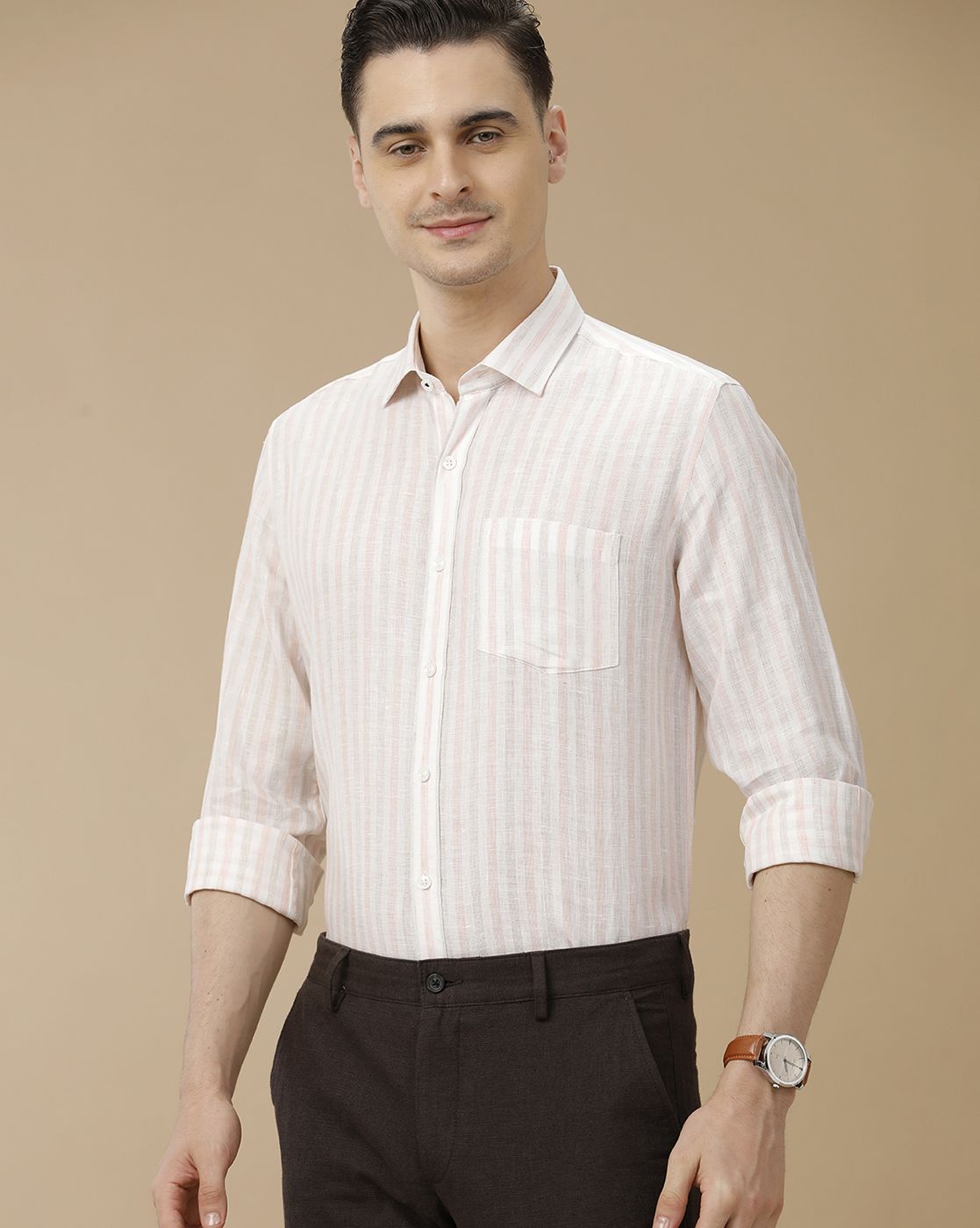 Men's Pure Linen Pink Striped Contemporary Fit Full Sleeve Casual Shirt