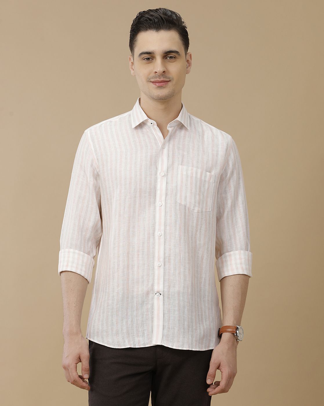 Men's Pure Linen Pink Striped Contemporary Fit Full Sleeve Casual Shirt