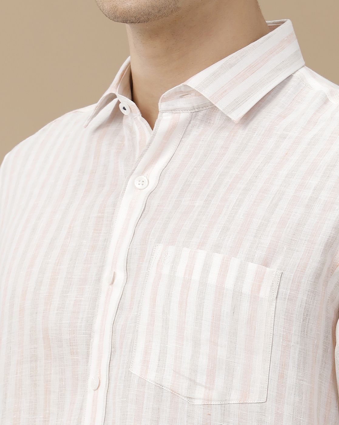 Men's Pure Linen Pink Striped Contemporary Fit Full Sleeve Casual Shirt