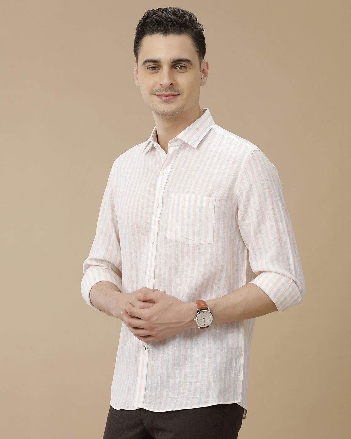 Men's Pure Linen Pink Striped Contemporary Fit Full Sleeve Casual Shirt