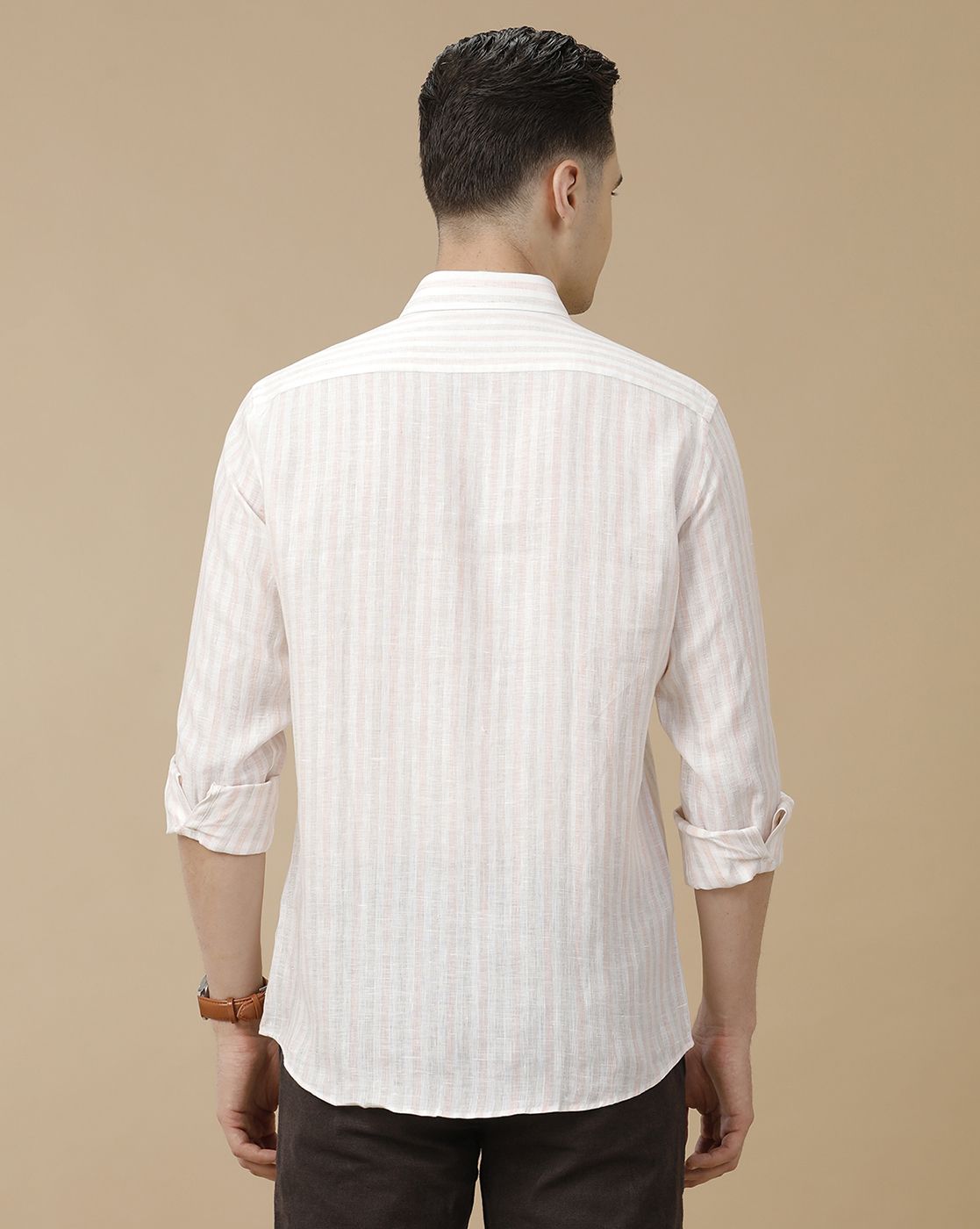 Men's Pure Linen Pink Striped Contemporary Fit Full Sleeve Casual Shirt