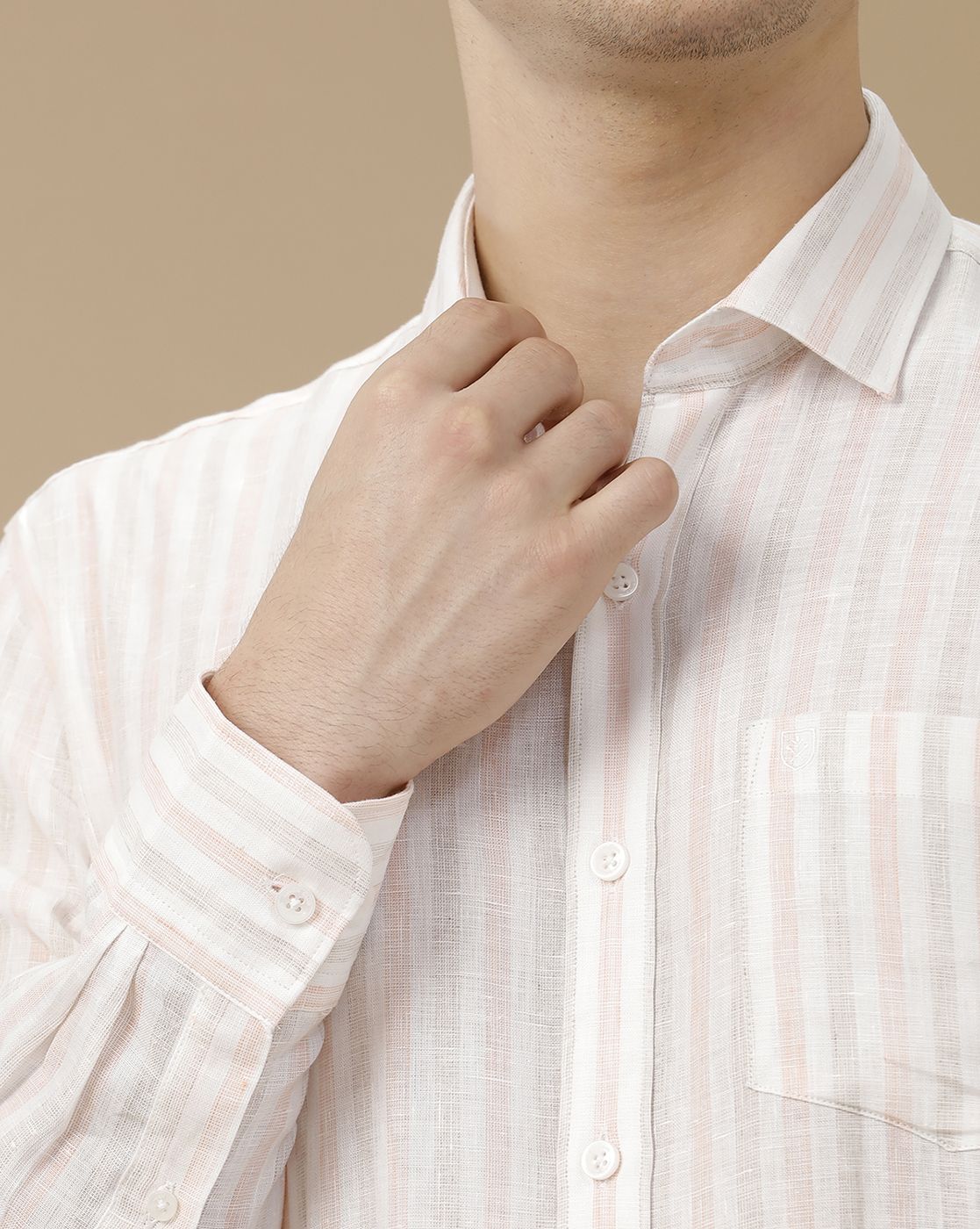 Men's Pure Linen Pink Striped Contemporary Fit Full Sleeve Casual Shirt