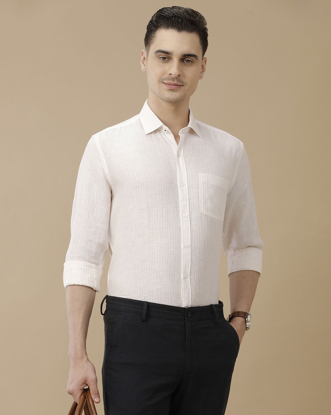 Men's Pure Linen White Striped Contemporary Fit Full Sleeve Casual Shirt