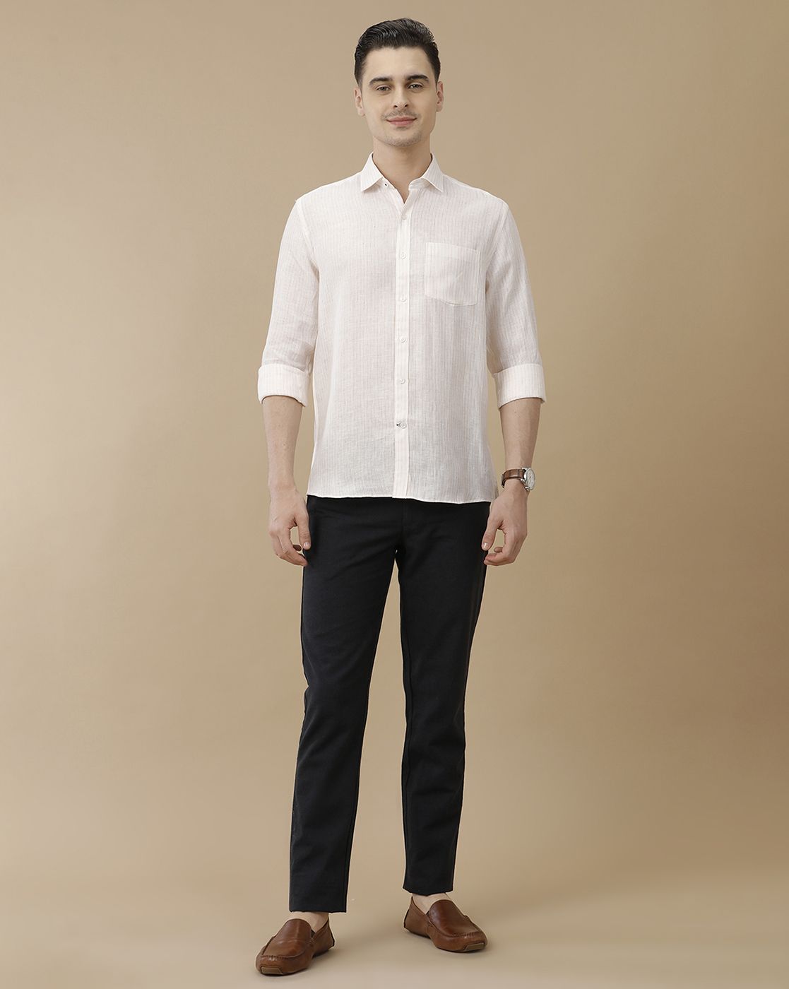 Men's Pure Linen White Striped Contemporary Fit Full Sleeve Casual Shirt