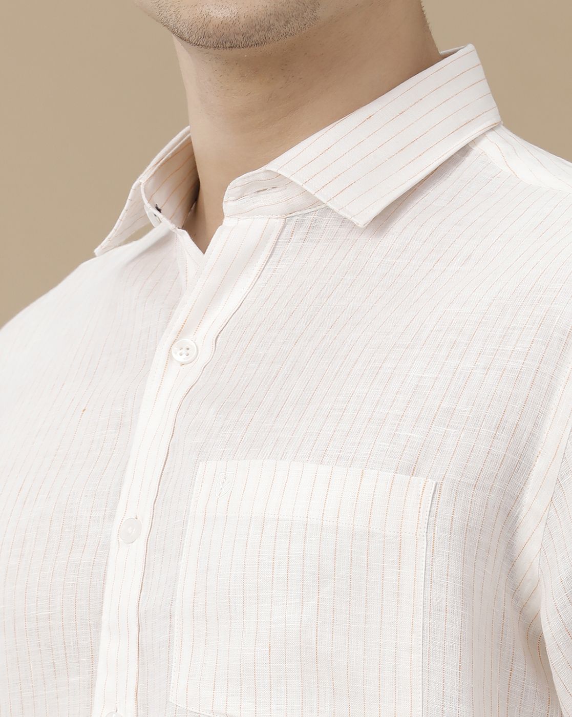 Men's Pure Linen White Striped Contemporary Fit Full Sleeve Casual Shirt