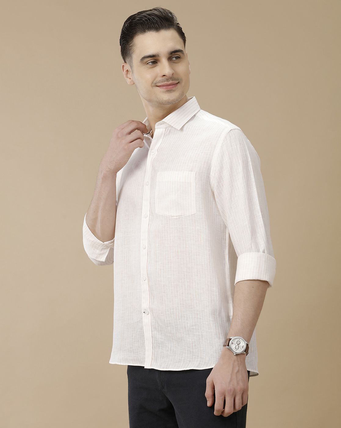 Men's Pure Linen White Striped Contemporary Fit Full Sleeve Casual Shirt