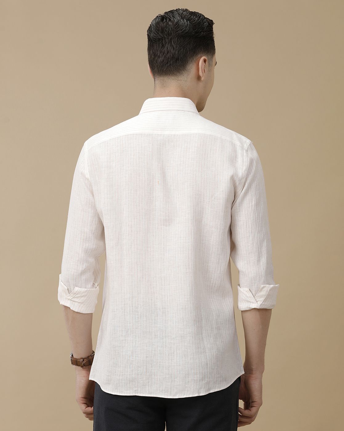 Men's Pure Linen White Striped Contemporary Fit Full Sleeve Casual Shirt